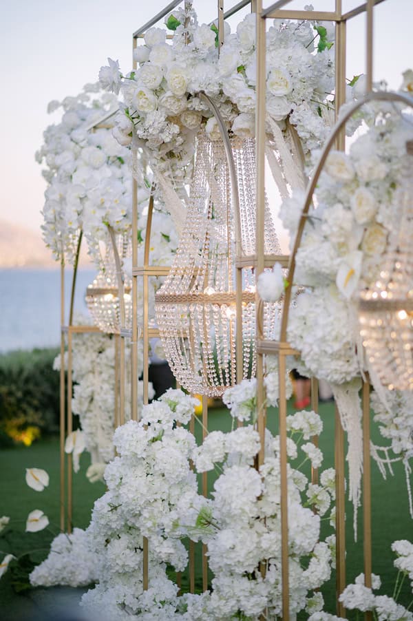 Timeless Athens Wedding Chandeliers Lush White Flowers