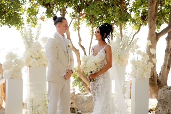 Destination romantic wedding in Rethymno with timeless white blooms | Harley & Nathan