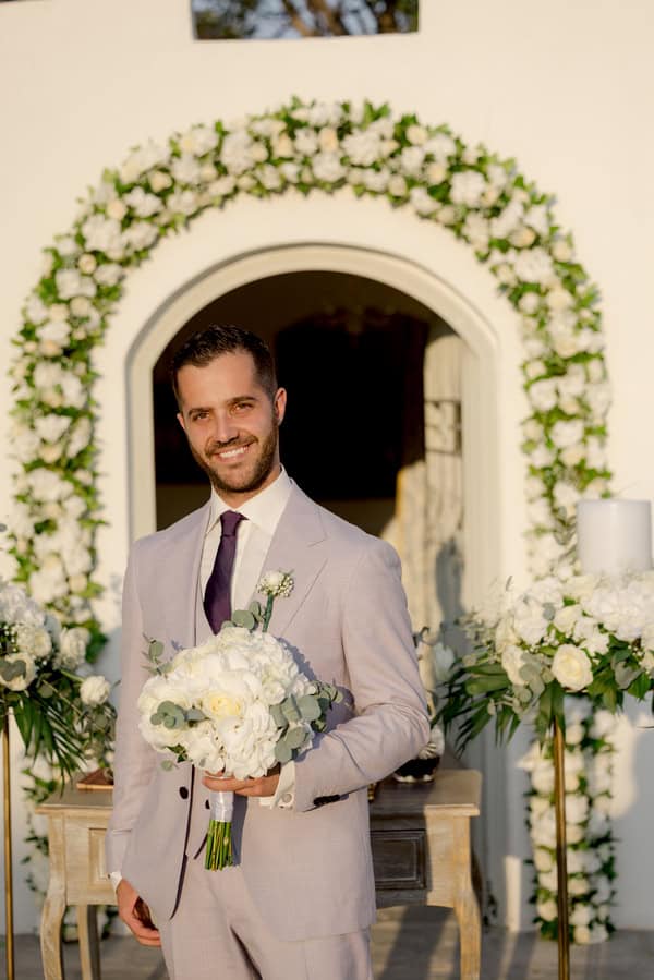 Fairytale Destination Wedding White Roses Eucalyptus