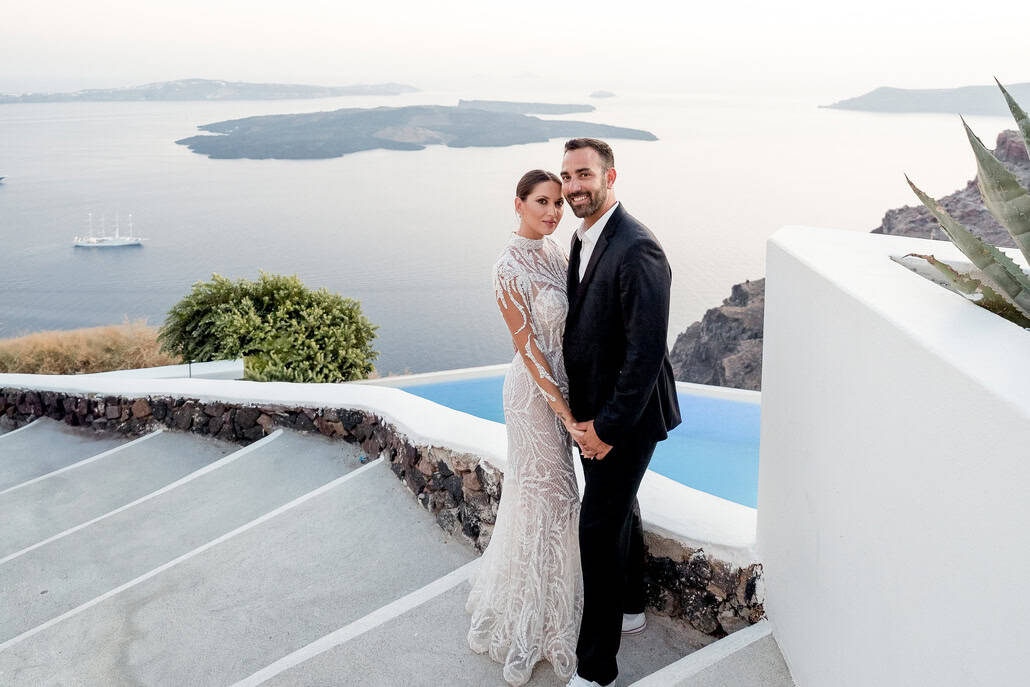 Romantic next day photoshoot in Santorini overlooking the breathtaking caldera | Stefi & Stratis