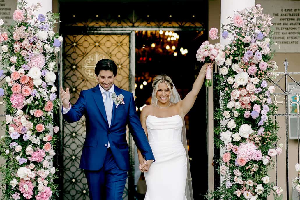 Colorful summer wedding in Kalamata with pink, white and lilac florals | Deborah & Marco