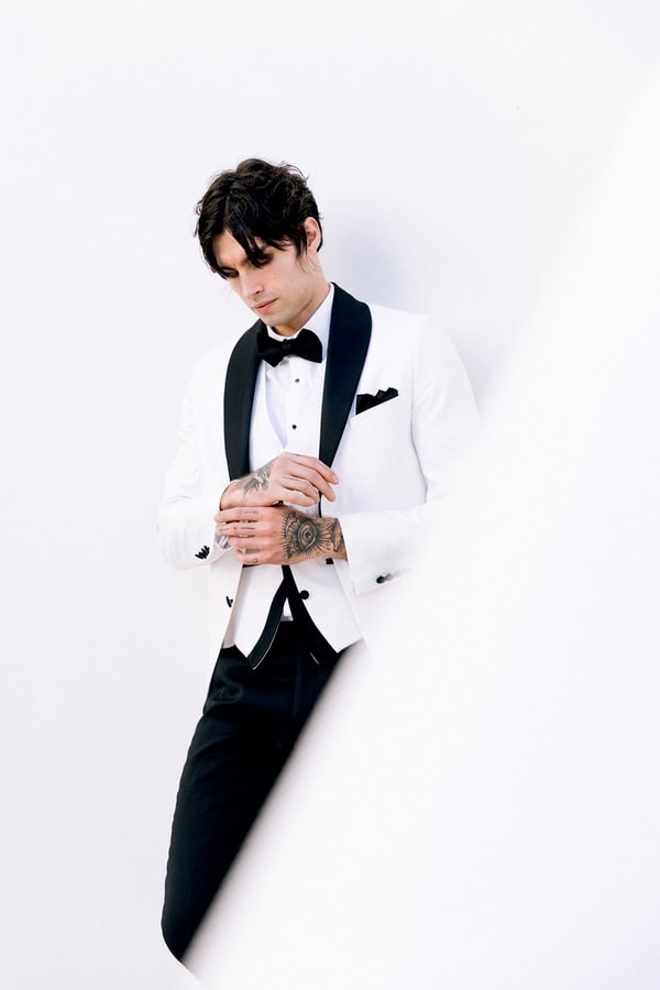 White Tuxedo Groom Look Carlitos