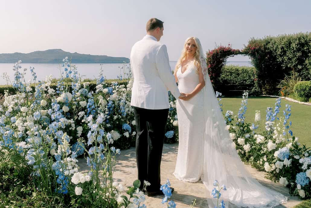 Beautiful destination wedding in Crete with romantic blue and white florals | Ula & Charlie