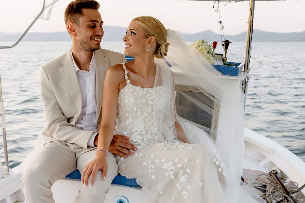 Chic summer wedding in Mytilene with timeless white details | Emilia & Antonis