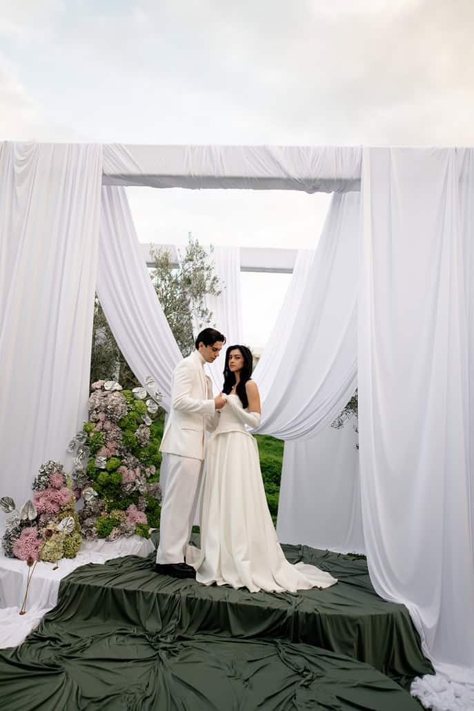 Modern wedding inspiration at Silo & Sage with dreamy draping and showstopping florals