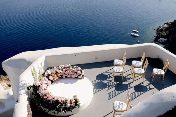 Dreamy Garden Style Destination Wedding In Santorini With Blush And White Florals