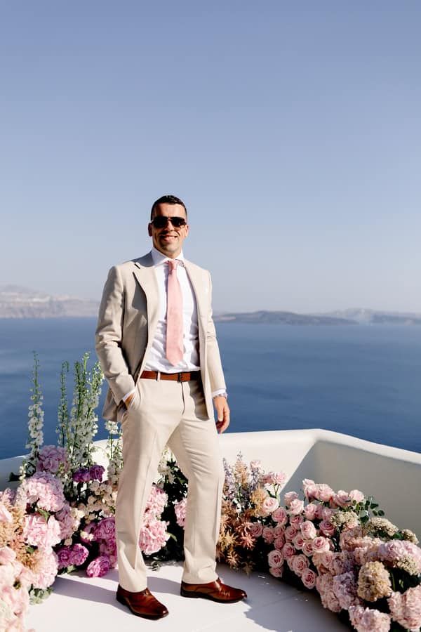 Dreamy Garden Style Destination Wedding In Santorini With Blush And White Florals