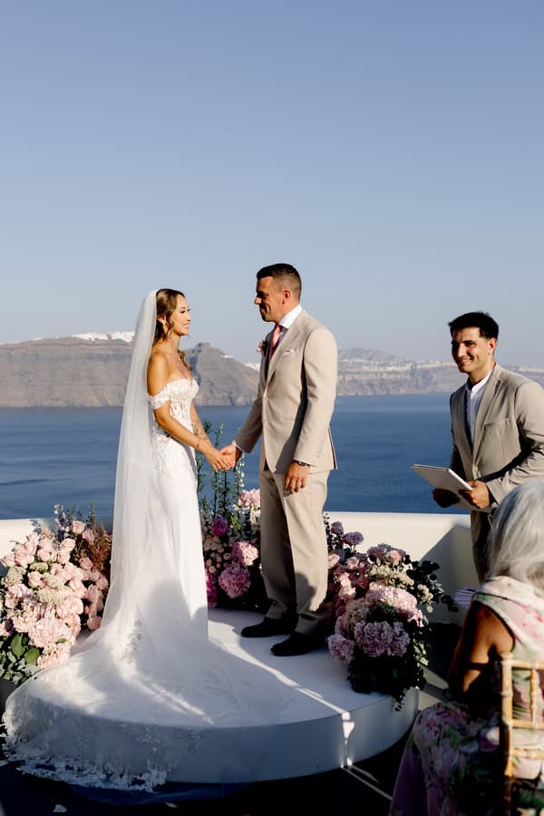 Dreamy Garden Style Destination Wedding In Santorini With Blush And White Florals