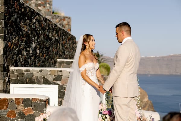 Dreamy Garden Style Destination Wedding In Santorini With Blush And White Florals