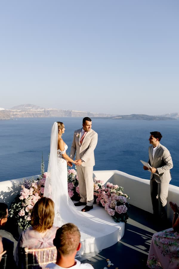 Dreamy Garden Style Destination Wedding In Santorini With Blush And White Florals
