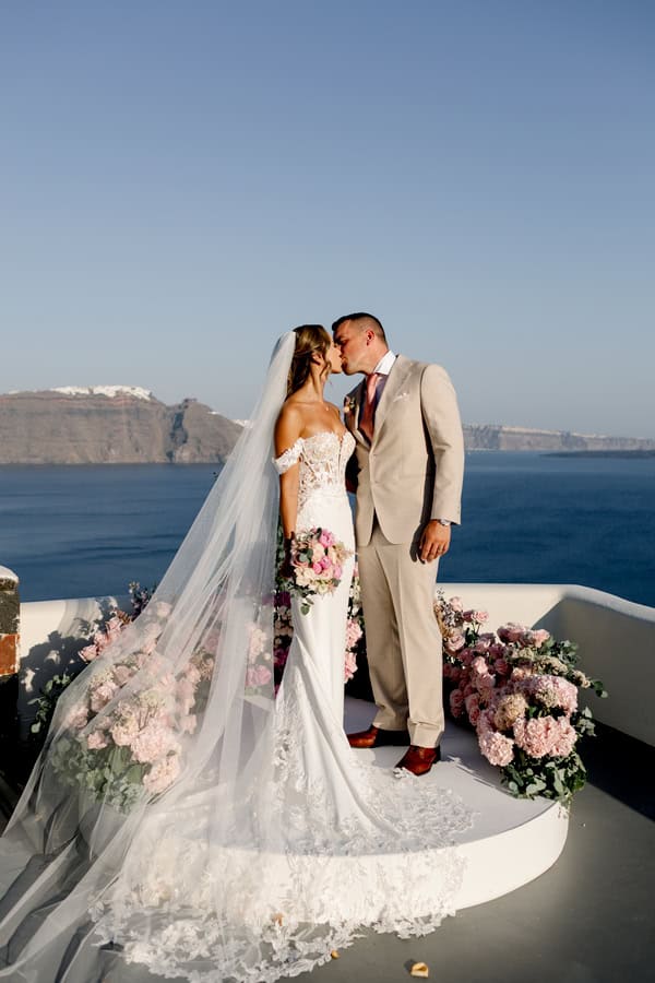 Dreamy Garden Style Destination Wedding In Santorini With Blush And White Florals