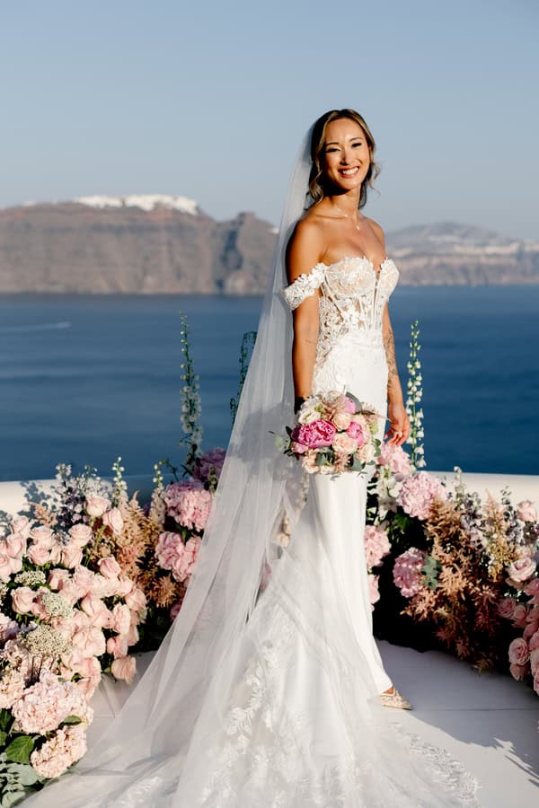 Dreamy Garden Style Destination Wedding In Santorini With Blush And White Florals