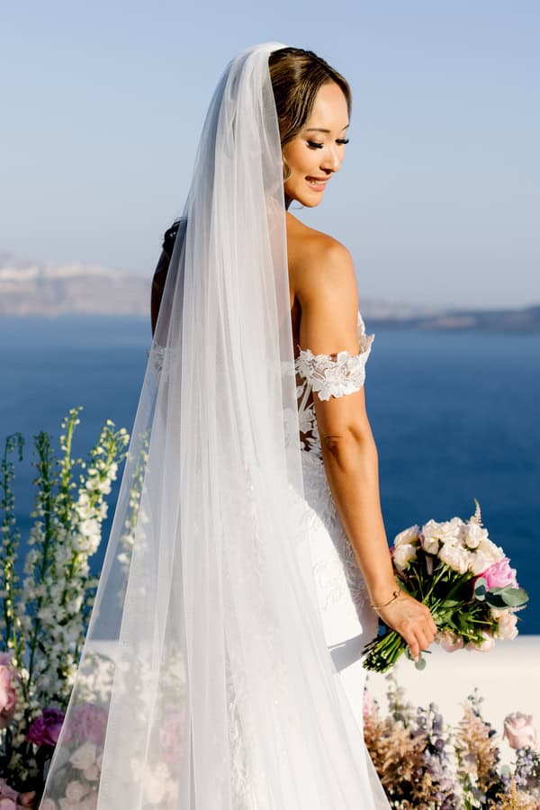 Dreamy Garden Style Destination Wedding In Santorini With Blush And White Florals