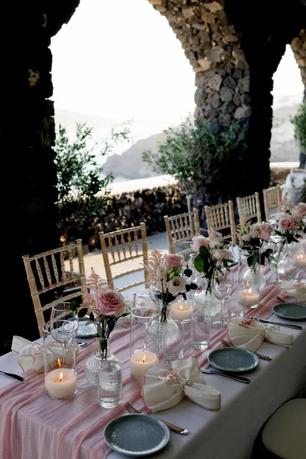 Dreamy Garden Style Destination Wedding In Santorini With Blush And White Florals