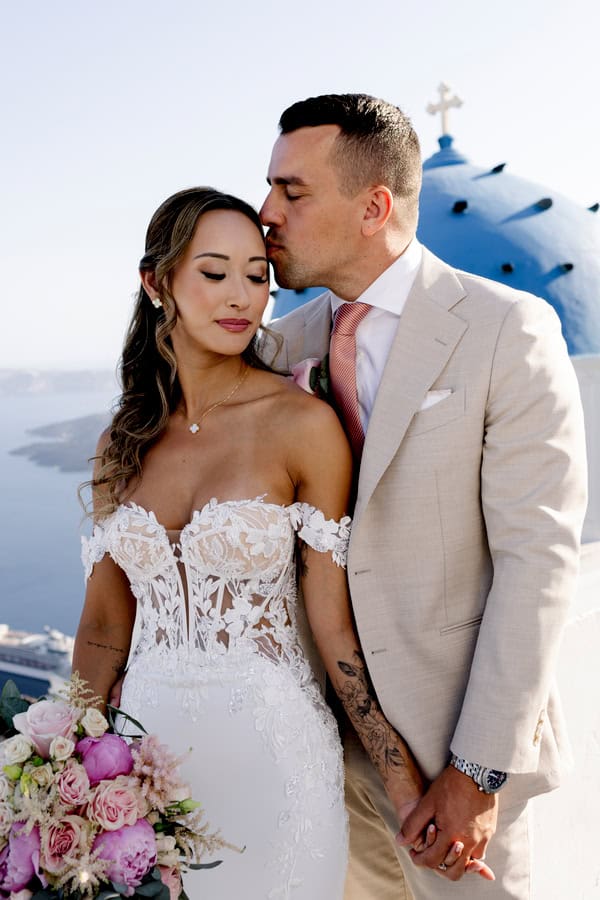 Dreamy Garden Style Destination Wedding In Santorini With Blush And White Florals